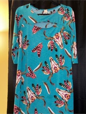 AND Teal Feather & Skull Print Cutout Neck Tunic